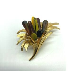 Signed Coro Vintage Brooch Pin browns &‎ Goldtone  Granny Core